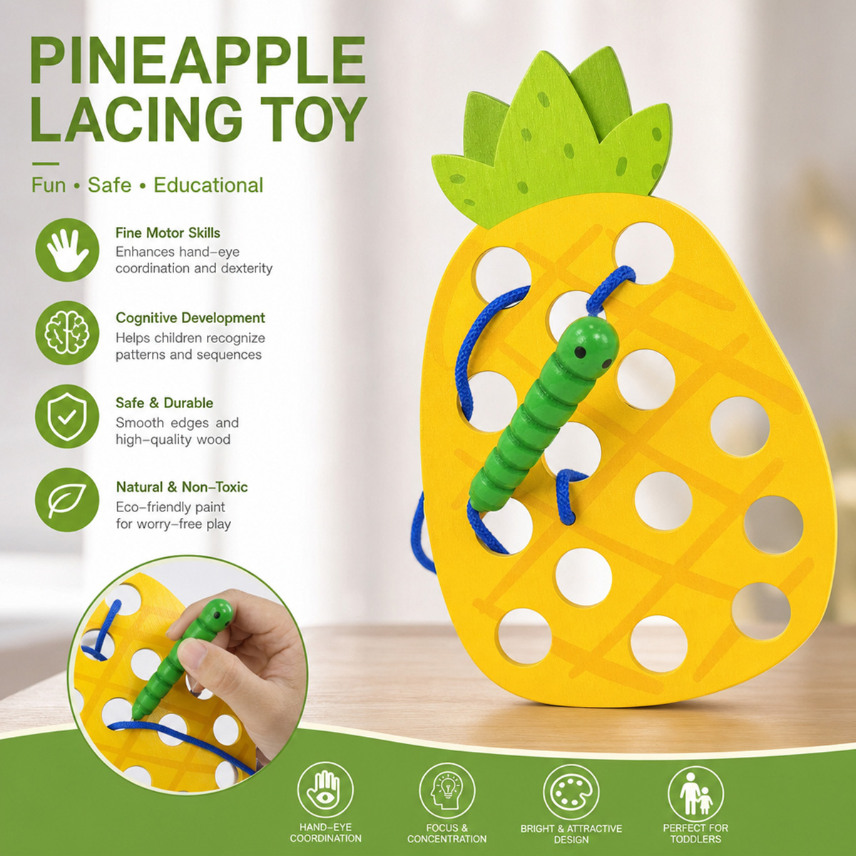 Travel Accessories Baby - ของเล่นไม้ร้อยเชือกรูปสับปะรด ของเล่นปริศนา เกมพกพา ของเล่นเสริมพัฒนาการช่วงต้น ฝึกทักษะกล้ามเนื้อมัดเล็ก แบบมอนเตสซอรี่
