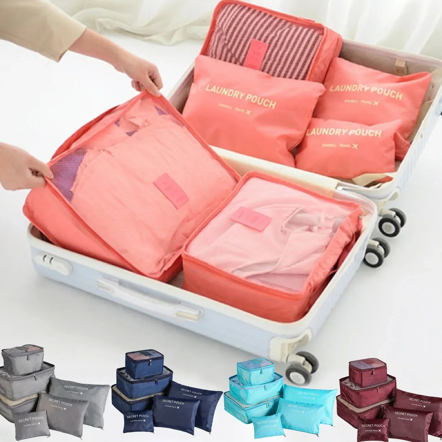Luggage Cover Protector - ชุดกระเป๋าจัดเก็บสัมภาระสำหรับเดินทาง 6 ชิ้น ชุดจัดระเบียบกระเป๋าเดินทาง กล่องเก็บของแบบพกพา ที่จัดระเบียบเสื้อผ้าและรองเท้าแบบพับได้