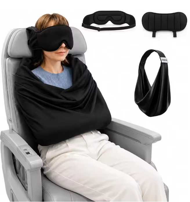 Travel Accessories Long Flight - ระบบรองรับการนอนหลับบนเครื่องบินแบบ 3-in-1 อุปกรณ์เสริมสำหรับการนอนบนเครื่องบิน พร้อมหมอนรองคอเมมโมรี่โฟมสำหรับเที่ยวบินระยะไกล และที่ปิดตาสำหรับเดินทางแบบปรับได้